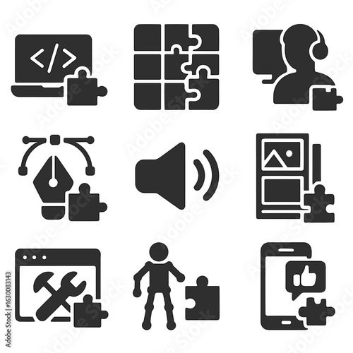 Puzzle Game Icons. Solid, filled icons set of puzzle game development: coding, level design, testing, graphic