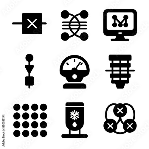 Quantum Computing Icons. Solid, filled icons set of quantum computing components: quantum gate, quantum