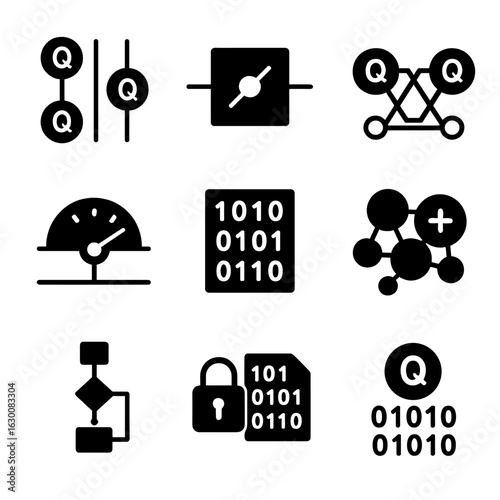 Quantum Computing Icons. Solid, filled icons set of quantum computing workflow: input qubits, quantum gate