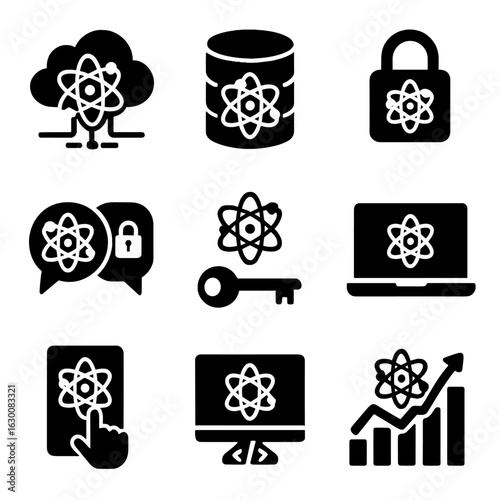 Quantum Data Icons. Solid, filled icons set of quantum data processing: quantum cloud server, quantum database