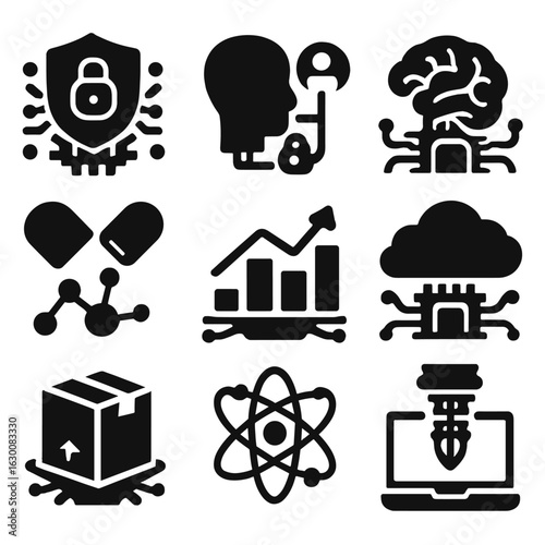 Quantum Computing Icons. Solid, filled icons set of quantum computing impact: data security, encrypted