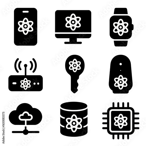 Quantum Device Icons. Solid, filled icons set of quantum-enhanced devices: quantum smartphone, quantum-enabled