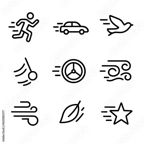 Motion Blur Icons. Outline icon set of motion blur: running person, speeding car, flying bird, swinging pendulum, spinning wheel,