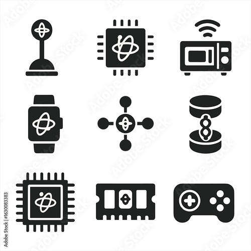 Quantum Device Icons. Solid, filled icons set of quantum device integration: quantum sensor, quantum chip,