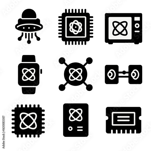 Quantum Device Icons. Solid, filled icons set of quantum device integration: quantum sensor, quantum chip,