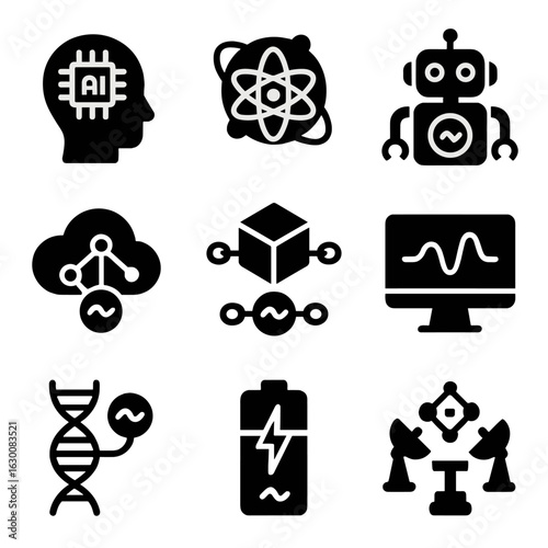 Quantum Technology Icons. Solid, filled icons set of future quantum technologies: quantum AI, quantum internet