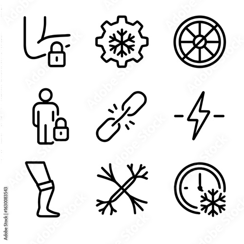 Motion Restriction Icons. Outline icon set of motion restriction: locked joints, frozen gear, halted wheel, immobilized figure,