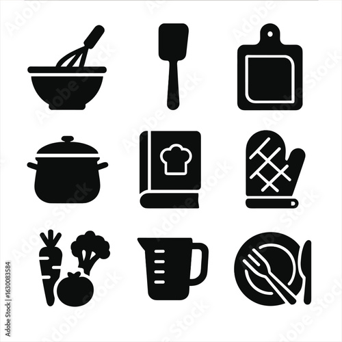Quarantine Cooking Icons. Solid, filled icons set of cooking and meal prep during quarantine: mixing bowl,