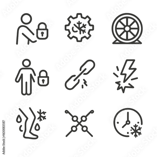 Motion Restriction Icons. Outline icon set of motion restriction: locked joints, frozen gear, halted wheel, immobilized figure,