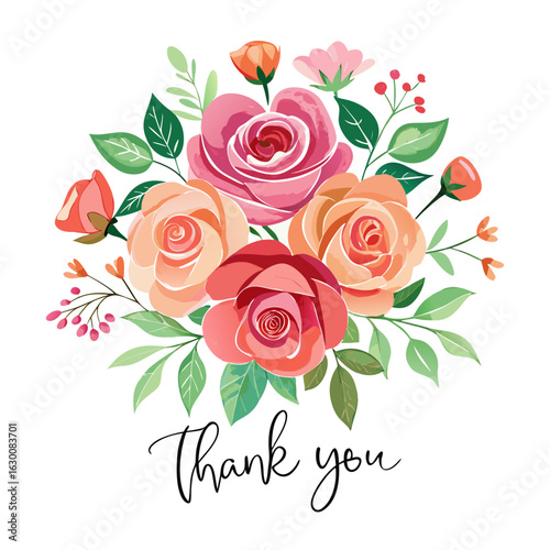 Photos Vector art of beautiful floral bouquet with thank you message isolated on white