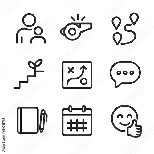 Motivational Coaching Icons. Outline icon set of motivational coaching: mentor icon, coaching whistle, guidance path, growth steps