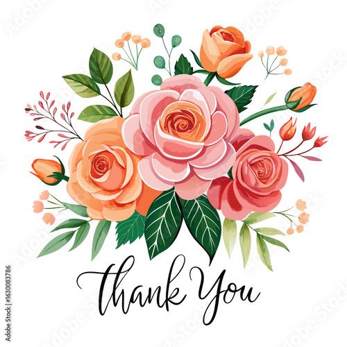 Vector art of watercolor floral bouquet with thank you message isolated on white background