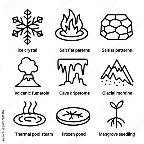 Rare Formation Icons. Outline icon set of rare natural formations: ice crystal, hot sulfur spring, salt flat