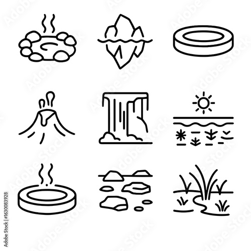 Rare Natural Habitats Icons. Outline icon set of rare natural habitats: sulphur spring, iceberg, blue hole,