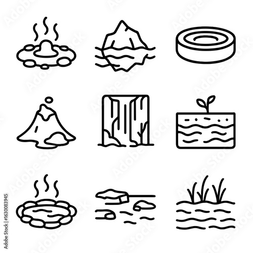 Rare Natural Habitats Icons. Outline icon set of rare natural habitats: sulphur spring, iceberg, blue hole,
