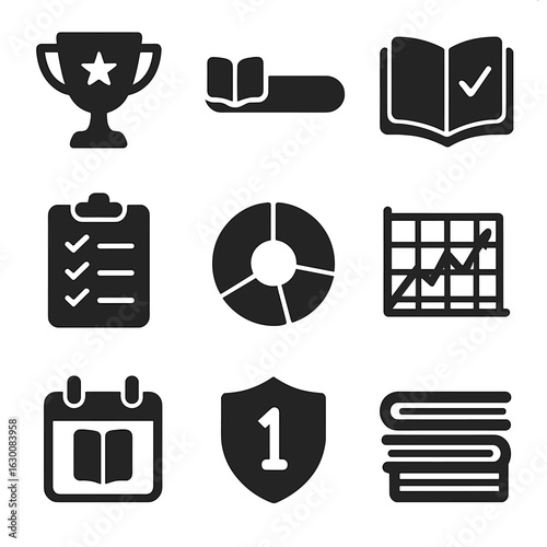 Reading Icon Set. Solid, filled icons set of reading challenges and trackers: challenge trophy, reading