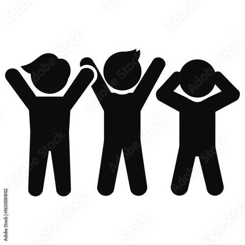 Three figures celebrating with raised arms and one covering ears people black