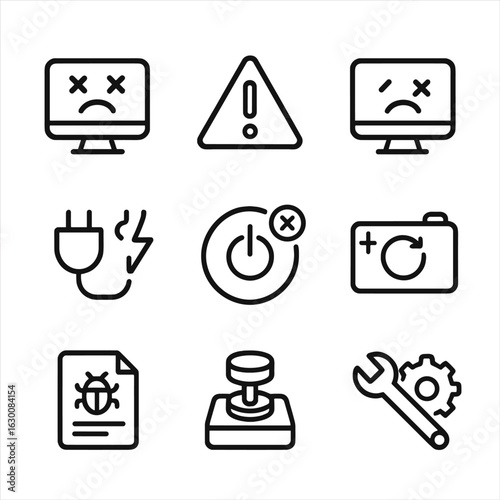 Emergency Reboot Icons. Outline icon set of emergency reboot: system panic, warning triangle, fail screen, power cut, forced