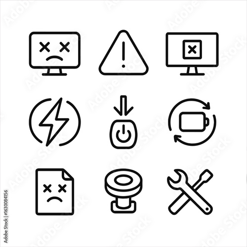 Emergency Reboot Icons. Outline icon set of emergency reboot: system panic, warning triangle, fail screen, power cut, forced