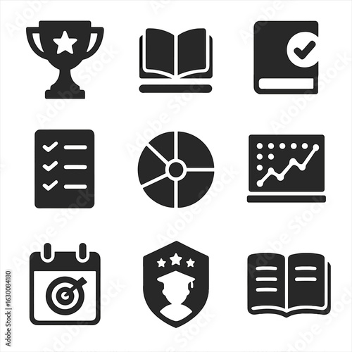 Reading Icon Set. Solid, filled icons set of reading challenges and trackers: challenge trophy, reading