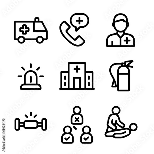 Emergency Response Icons. Outline icon set of trauma emergency response: ambulance, emergency call, paramedic, emergency light,