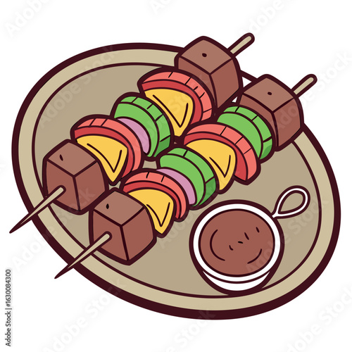 This vibrant cartoon image features a plate with two skewers loaded with cubed meat, red, yellow, and green vegetables, and a ramekin of dipping sauce. The background is transparent.