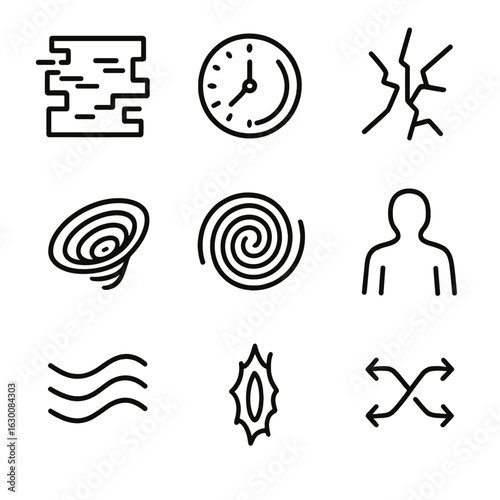 Multiverse and Big Bang Icons. Outline icon set of multiverse anomalies: glitch effect, time distortion, reality fracture,