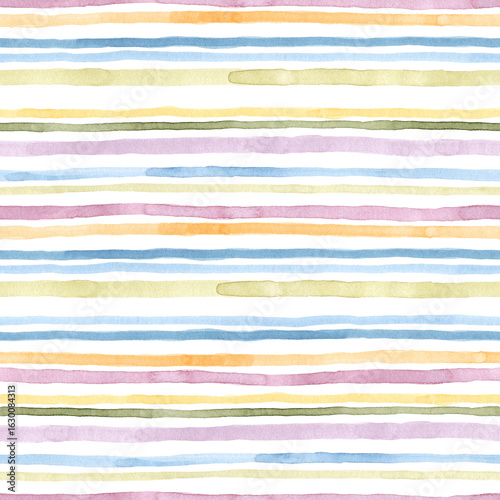 Multicolor watercolor striped seamless pattern on white.