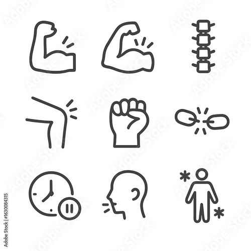 Muscle Stiffness Icons. Outline icon set of muscle stiffness: locked elbow, tense muscle, rigid spine, frozen knee, clenched fist,