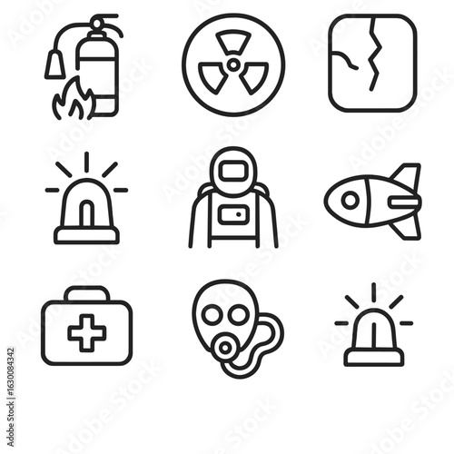 Emergency Systems Icons. Outline icon set of safety and emergency systems: fire suppression, radiation alarm, hull breach sensor,