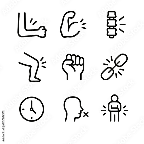 Muscle Stiffness Icons. Outline icon set of muscle stiffness: locked elbow, tense muscle, rigid spine, frozen knee, clenched fist,