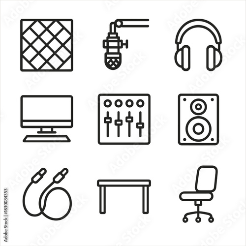 Recording Studio Icons. Outline icon set of recording studio setup: soundproof walls, microphone, headphones,