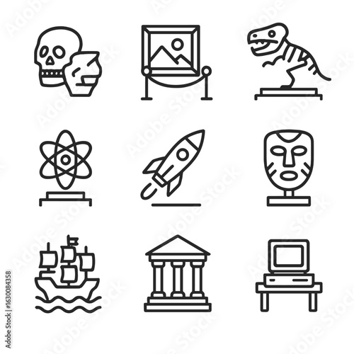 Museum Icon Set. Outline icon set of museum themes: archaeology, art gallery, natural history, science exhibit, space exploration,