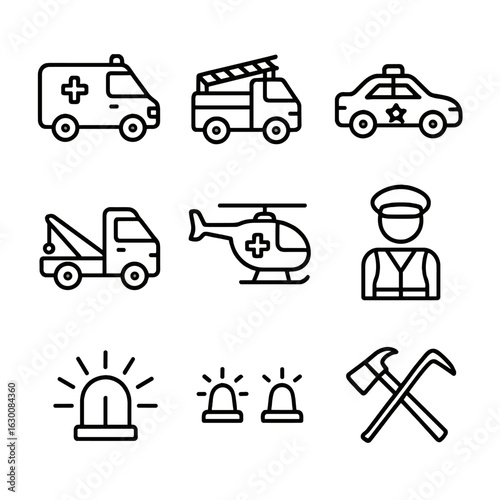 Emergency Vehicles Icons. Outline icon set of emergency traffic vehicles: ambulance, fire truck, police car, tow truck, rescue