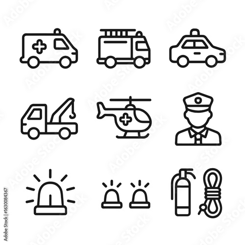 Emergency Vehicles Icons. Outline icon set of emergency traffic vehicles: ambulance, fire truck, police car, tow truck, rescue