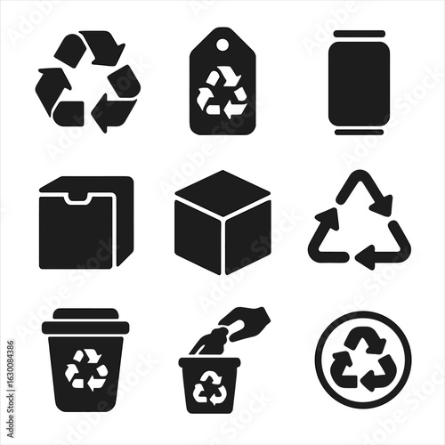 Recyclable Packaging Icons. Solid, filled icons set of recyclable packaging elements: triangle arrows symbol,