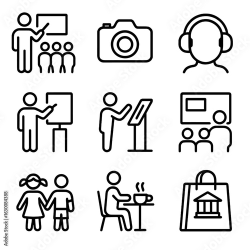 Museum Activity Icons. Outline icon set of museum visitor activities: guided tour, photo camera, audio headset, interactive