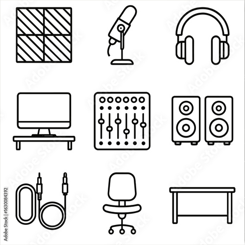 Recording Studio Icons. Outline icon set of recording studio setup: soundproof walls, microphone, headphones,
