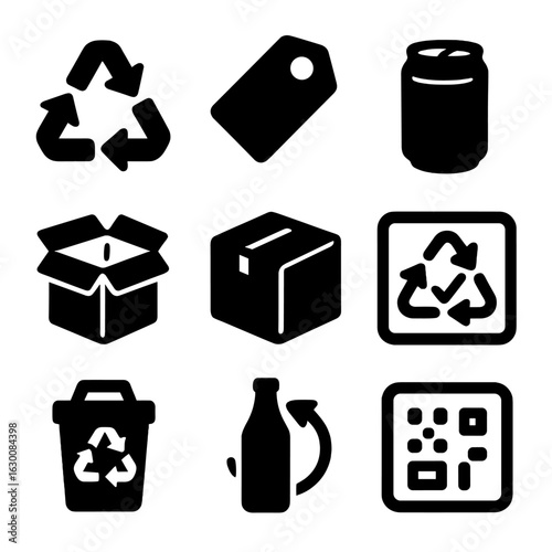 Recyclable Packaging Icons. Solid, filled icons set of recyclable packaging elements: triangle arrows symbol,