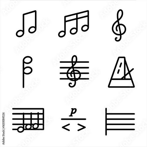 Music Composition Icons. Outline icon set of music composition: melody, rhythm, harmony, chord, tempo, score, octave, dynamics,