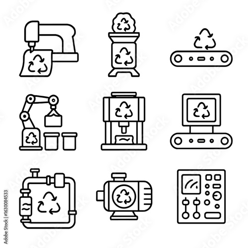 Recycling Machinery Icons. Outline icon set of recycling machinery and tools: fabric cutting machine, fiber