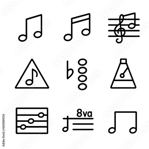Music Composition Icons. Outline icon set of music composition: melody, rhythm, harmony, chord, tempo, score, octave, dynamics,