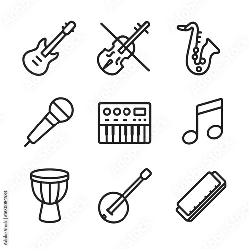 Music Genre Icons. Outline icon set of soundtrack genres: rock guitar, classical violin, jazz saxophone, hip-hop microphone,