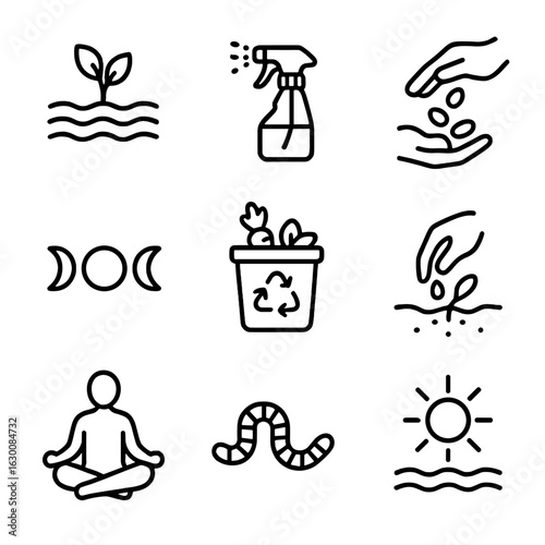 Regenerative Farming Icons. Outline icon set of regenerative farming practices: soil restoration, natural