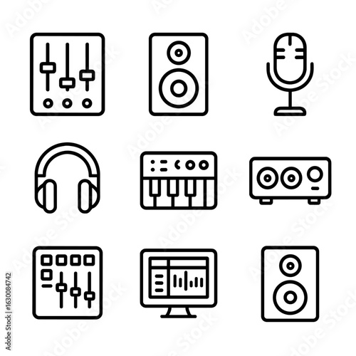 Music Production Icons. Outline icon set of music production: mixing console, studio monitor, microphone, headphones, synthesizer,