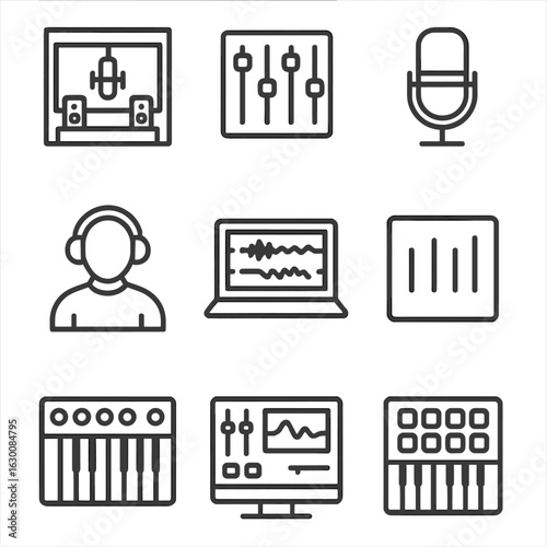 Music Production Icons. Outline icon set of music production: recording studio, mixing console, sound engineer, microphone, laptop