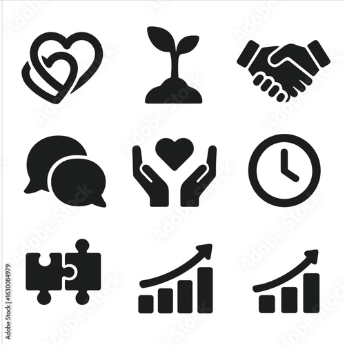 Relationship Growth Icons. Solid, filled icons set of mutual growth and development in long-term relationships