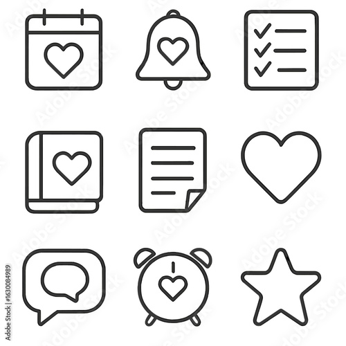 Relationship Support Icons. Outline icon set of relationship support tools: calendar, reminder bell, checklist