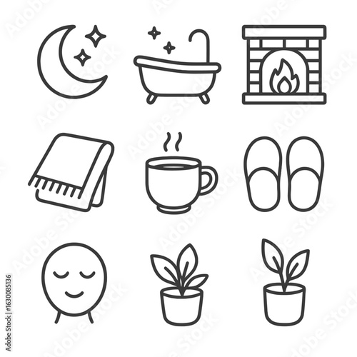 Relaxation Icon Set. Outline icon set of relaxation and calmness: moon, stars, bath tub, fireplace, blanket,