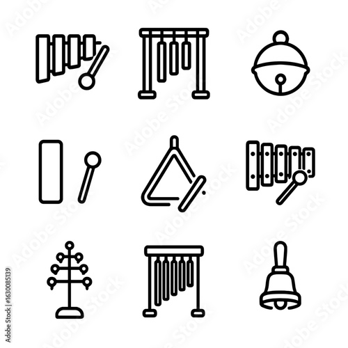 Musical Bells Icon Set. Outline icon set of musical bells: xylophone bell, tubular bell, sleigh bell, chime bar, triangle bell,